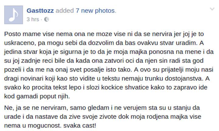 Gastozov status na Fejsbuku povodom novinskih tekstova o smrti njegove majke