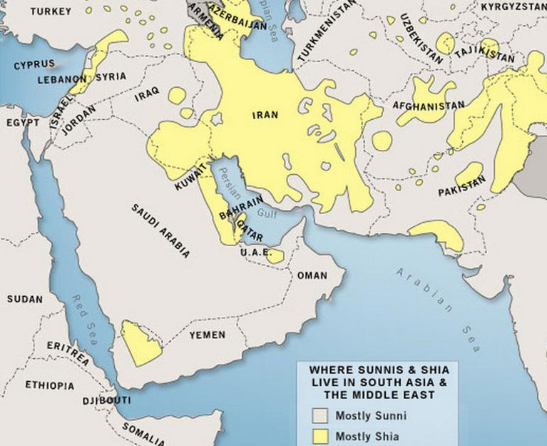 Suniti (sivo) i šiiti (žuto) na Bliskom istoku