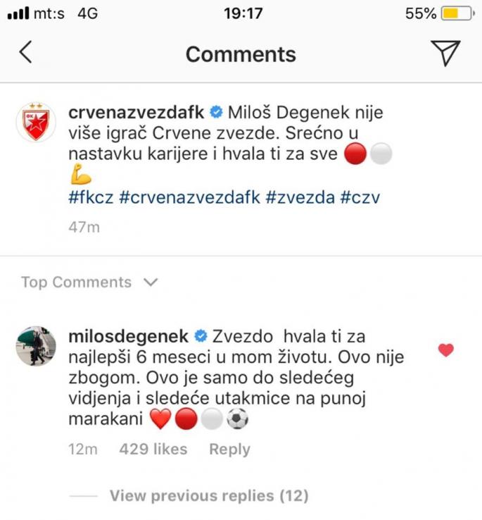 Prepiska FK Crvena zvezda - Miloš Degenek